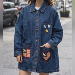 ✨2/$25 Natural Impressions~Women VTG Denim Barncoat~Chore Jacket~Patriotic~MED